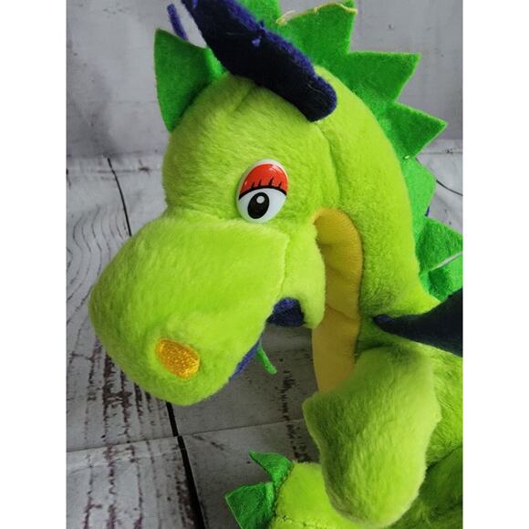 Vintage Neon Green Purple Dragon Stuffed Animal Plush 6 Inches Tall - Picture 7 of 9